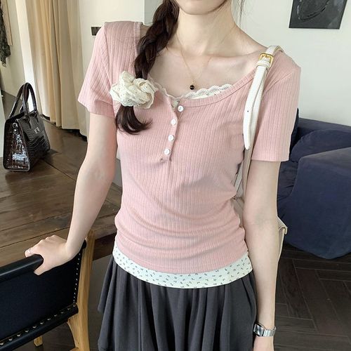 T-Shirt À Manches Courtes Et Épaules Droites En Deux Pièces Pour Femme, Coupe Slim, Motif Floral, Doux, Été