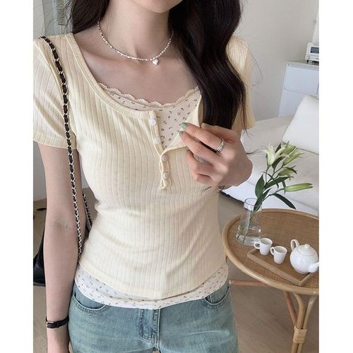 T-Shirt À Manches Courtes Et Épaules Droites En Deux Pièces Pour Femme, Coupe Slim, Motif Floral, Doux, Été