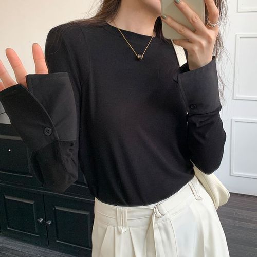 T-Shirt Blanc Fileté À Manches Longues Pour Femme, Haut Ample À Manches Mi-Longues En Patchwork