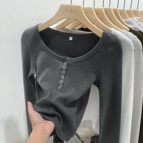 Chemise Slim À Manches Longues Pour Femme Au Début De L'automne, Haut Fileté, Couleur Unie, T-Shirt Polyvalent À Clavicule À Manches Longues