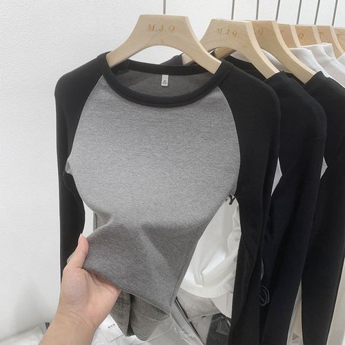 T-Shirt Rétro Américain À Manches Longues Pour Femme En Automne Avec Manches Raglan Et Chemise Courte