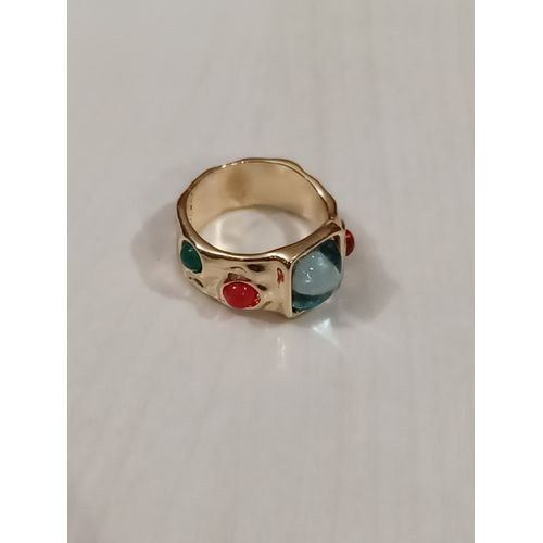Bague Métal Doré,Strass Rouge,Vert Et Transparent ,Taille 17 Mm