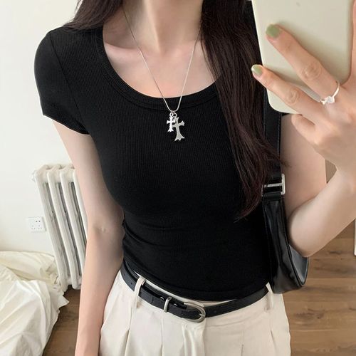 T-Shirt À Manches Courtes Et Col En U Pour Femme, Coupe Slim, Élastique, Épaules Filetées, Petit Haut Blanc D'été