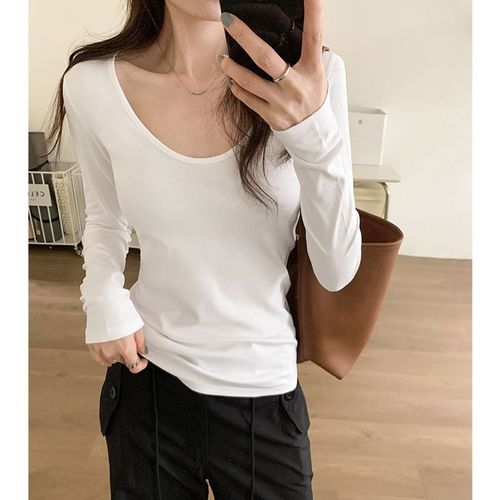 T-Shirt À Manches Longues Et Col Bas En U Pour Femme, Haut De Couleur Unie, Automne Et Hiver
