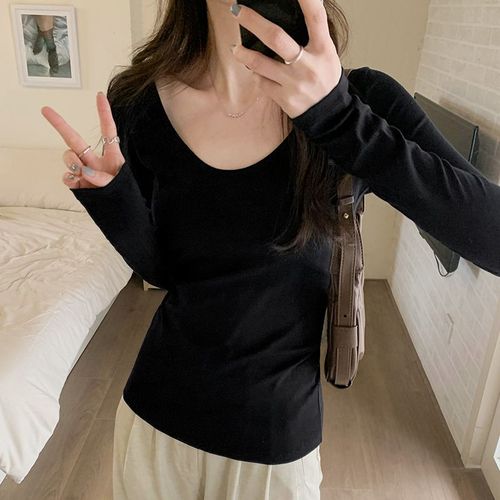 T-Shirt À Manches Longues Et Col Bas En U Pour Femme, Haut De Couleur Unie, Automne Et Hiver