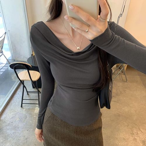 Magnifique T-Shirt À Manches Longues Slim À Une Épaule Dénudée Pour Femme Au Début De L'automne, Hauts De Tempérament De Style Coréen
