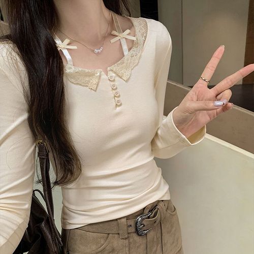 T-Shirt À Manches Longues Et Fines Pour Femme, Vêtement D'intérieur De Printemps, Avec Épissure De Dentelle Et Demi-Rangée De Boutons