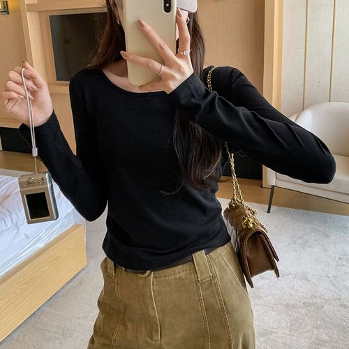 T-Shirt À Manches Longues Et Épaules Droites Pour Femme Au Printemps Et En Automne, Haut Court Amincissant