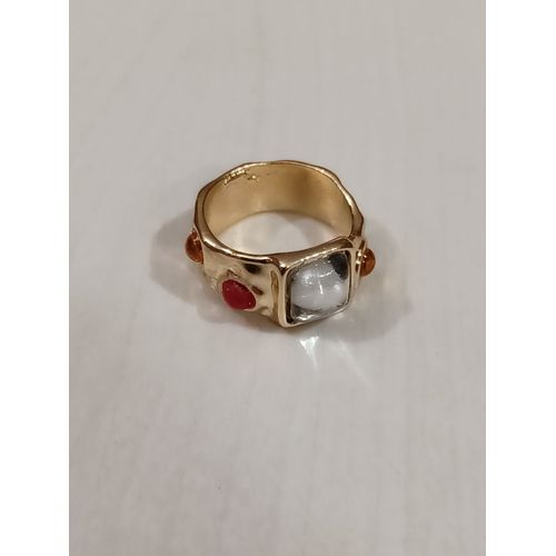 Bague Métal Doré,Strass Rouge,Jaune Et Transparent ,Taille 17 Mm