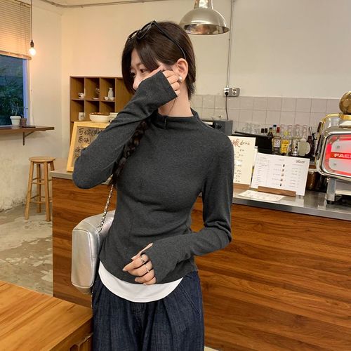 T-Shirt À Manches Longues Et Demi-Fermeture Éclair De Style Coréen Pour Femme, Haut Taille Au Début De L'automne, Faux Deux Pièces