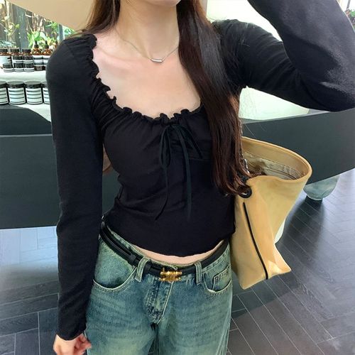 T-Shirt À Manches Longues Et Col Carré À Volants Et Lacets En Bois Doux Et Épicé Pour Femme Au Début De L'automne, Haut Court Chic De Style Coréen