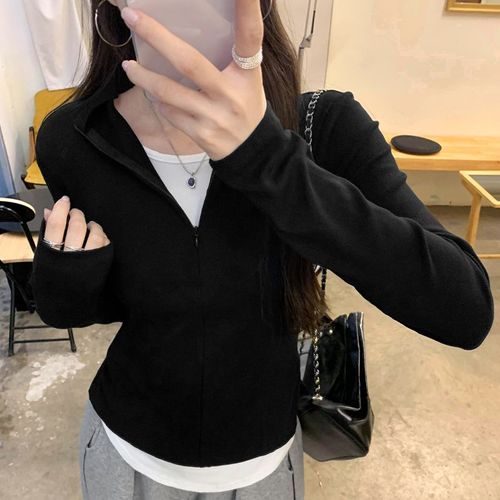 T-Shirt À Manches Longues Et Demi-Fermeture Éclair De Style Coréen Pour Femme, Haut Taille Au Début De L'automne, Faux Deux Pièces