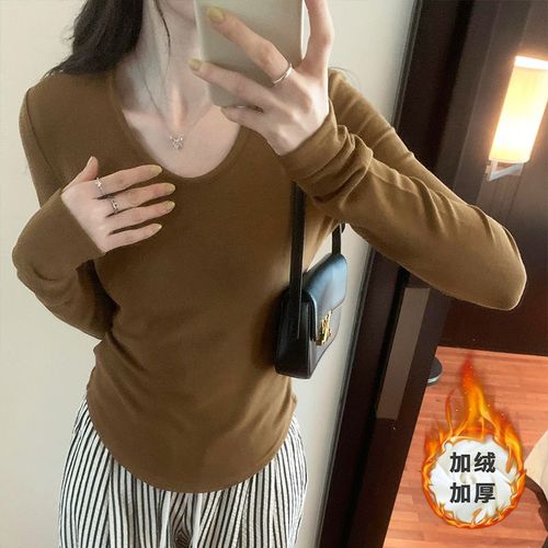 T-Shirt À Col En U Et Taille Plissée Pour Femme, Polaire Multicolore, T-Shirt Intérieur À Manches Longues Et Épaules Droites