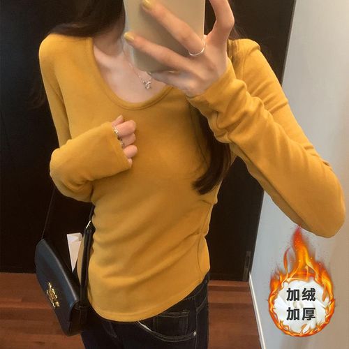 T-Shirt À Col En U Et Taille Plissée Pour Femme, Polaire Multicolore, T-Shirt Intérieur À Manches Longues Et Épaules Droites