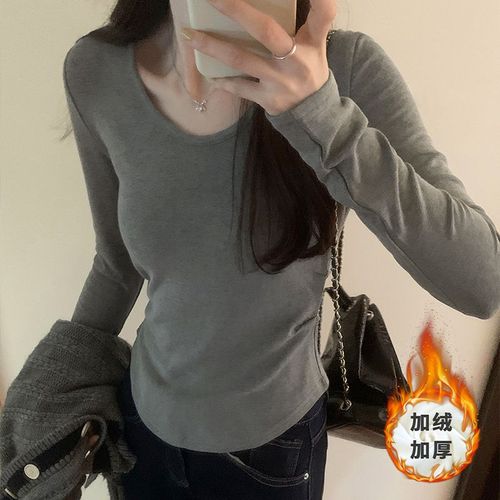 T-Shirt À Col En U Et Taille Plissée Pour Femme, Polaire Multicolore, T-Shirt Intérieur À Manches Longues Et Épaules Droites