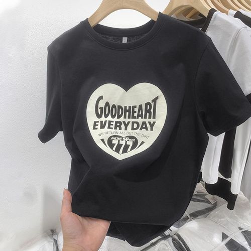 T-Shirt En Coton À Col Rond Imprimé C?ur De Style Coréen, Décontracté, Ample Et Polyvalent Pour Femmes