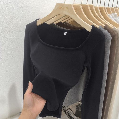 T-Shirt À Manches Longues Et Col Carré Pour Femme, Coupe Slim, Automne, Chemise Chaude Pour Fille, Haut Fileté Assorti