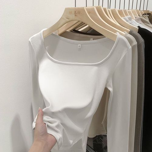 T-Shirt À Manches Longues Et Col Carré Pour Femme, Coupe Slim, Automne, Chemise Chaude Pour Fille, Haut Fileté Assorti