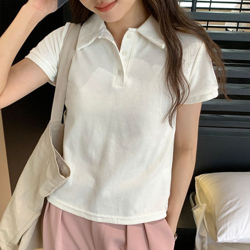 T-Shirt À Manches Courtes Et Col Polo Pour Femme, Couleur Unie, Été