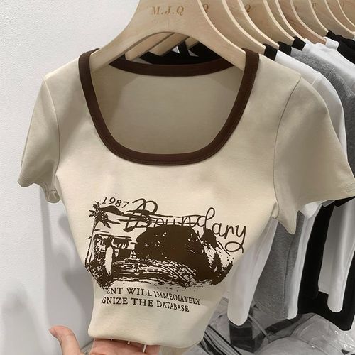 T-Shirt Court Imprimé Lettre Rétro Américain Pour Femme, Fille Sexy, Célébrité Internet, Slim, Col Rond Bas, Clavicule, Haut À Épaules Droites