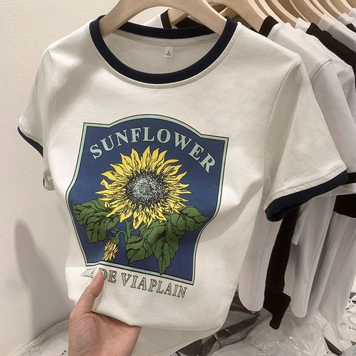T-Shirt Imprimé Tournesol Rétro Américain Pour Femme, Haut D'été À Manches Courtes Avec Coutures De Couleur Contrastée, T-Shirt Court