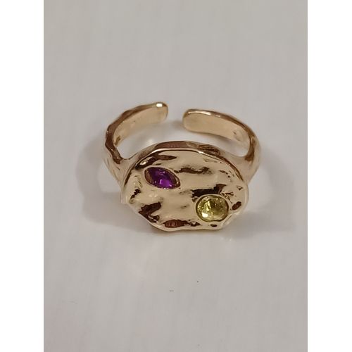 Bague Métal Doré,Strass Jaune Et Violet ,Taille 17 Mm,Reglable