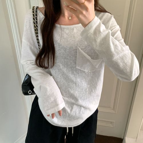 T-Shirt Blanc À Manches Longues De Style Paresseux Pour Femme, Haut Mi-Long Ample Légèrement Transparent Et Fin D'automne
