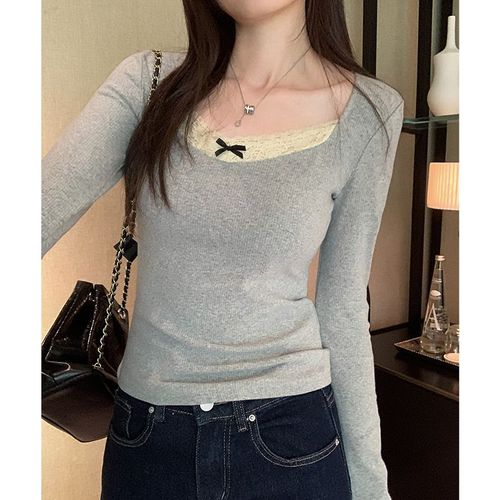 T-Shirt À Manches Longues Et Épaules Droites Pour Femme, Col En V En Dentelle, Révélant La Clavicule, Printemps Et Automne
