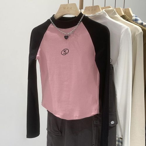 T-Shirt À Manches Longues De Couleur Contrastée Pour Femme Au Début De L'automne, Chemise Slim Fit, Haut De Niche Design