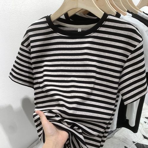 T-Shirt Rayé D'été Grande Taille Fat Mm Pour Femme, Haut Slim À Manches Courtes