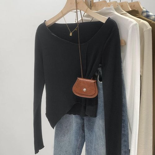 T-Shirt À Manches Longues Et Épaules Droites Pour Femme, Haut Court Blanc D'automne, Ourlet Irrégulier