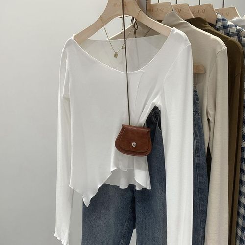 T-Shirt À Manches Longues Et Épaules Droites Pour Femme, Haut Court Blanc D'automne, Ourlet Irrégulier
