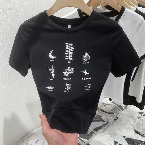 T-Shirt Imprimé Végétal Peint À La Main Rétro Américain Pour Femme, Design, Niche, Coupe Slim, Haut T-Shirt À Manches Courtes, Tendance