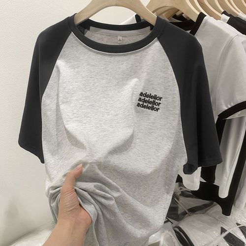 T-Shirt À Manches Courtes À Contraste Gris Rétro Américain À Manches Courtes Raglan Pour Femme En Été Avec Un Design De Niche Et Des Hauts Amples