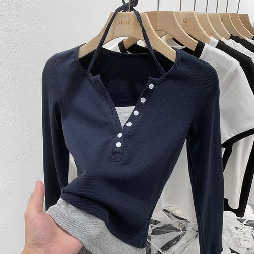 T-Shirt À Manches Longues Et Col En V En Deux Pièces Pour Femme, Doux Et Cool, Avec Un Design De Niche Et Un Haut Ajusté Au Printemps Et À L'automne
