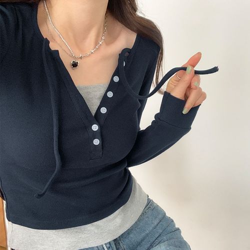T-Shirt À Manches Longues Et Col En V En Deux Pièces Pour Femme, Doux Et Cool, Pour Le Printemps Et L'automne