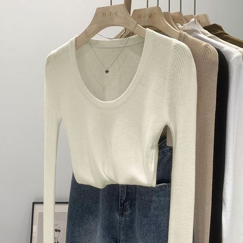 T-Shirt À Manches Longues Et Épaules Droites À Col En U Pour Femme En Automne, Coupe Slim, Haut En Tricot