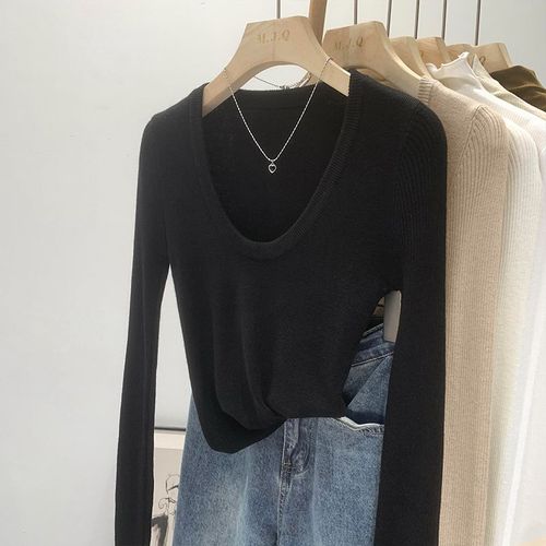 T-Shirt À Manches Longues Et Épaules Droites À Col En U Pour Femme En Automne, Coupe Slim, Haut En Tricot