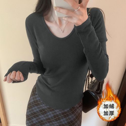 T-Shirt À Col En U Et Taille Plissée Pour Femme, Polaire Multicolore, T-Shirt Intérieur À Manches Longues Et Épaules Droites