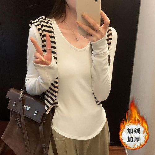 T-Shirt À Col En U Et Taille Plissée Pour Femme, Polaire Multicolore, T-Shirt Intérieur À Manches Longues Et Épaules Droites