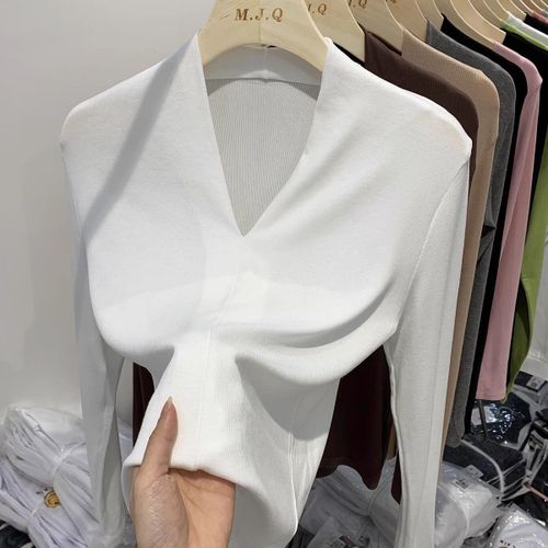 T-Shirt À Manches Longues À Col En V Fileté Pour Femme Au Printemps Et En Automne, Chemise Ajustée Avec Haut Sexy De Couleur Unie