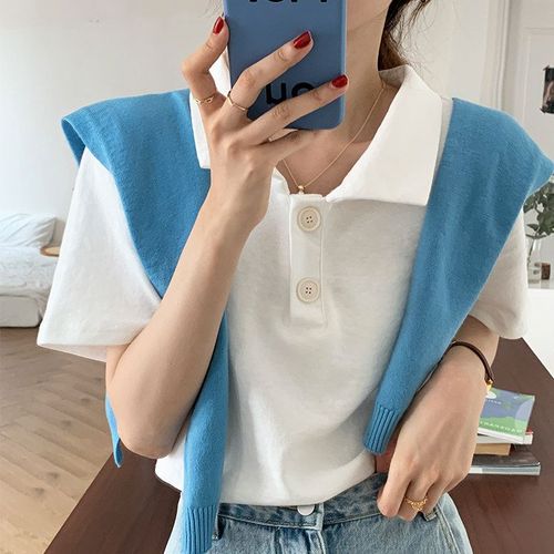 Polo Femme Manches Courtes Été Ample Style Japonais Couleur Unie Revers Doux T-Shirt Femme Hauts