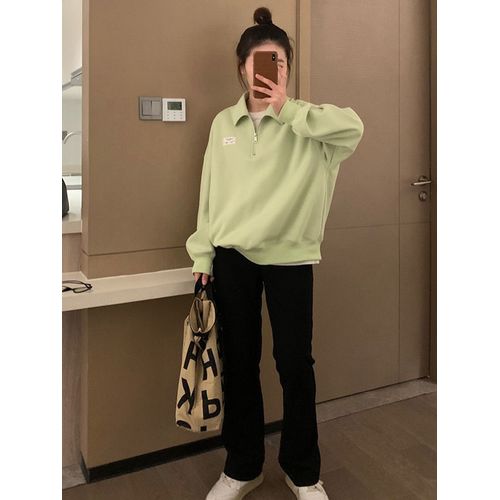 Sweat-Shirt À Col Polo De Style Américain Pour Femme Au Printemps Et En Automne, Tendance Haut Ample À Fermeture Éclair Rétro Chic De Style Hong Kong