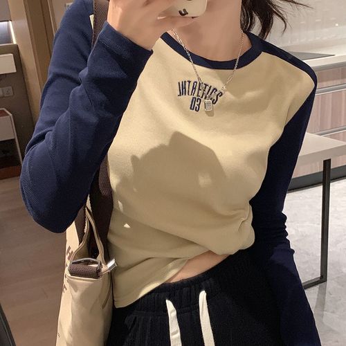 T-Shirt À Épaules Droites Pour Femme, Manches Longues, Couleur Contrastée D'automne, Chemise Slim Fit, Haut Court