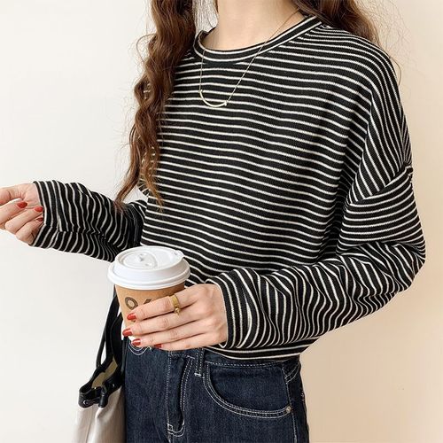 T-Shirt Rayé À Manches Longues Pour Femme Au Printemps, Col Rond, Style Coréen Ample, Chemise Basse, Haut Polyvalent