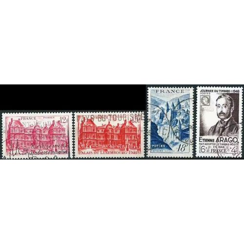 France 1948, Beaux Timbres Yvert 794 Journée Du Timbre - Arago, 803 & 804 Palais Du Luxembourg - Paris, 805 Vue De Conques, Oblitérés Tbe