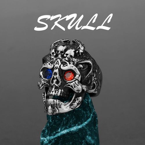Bague Tête De Mort En Acier Inoxydable Pour Homme, Bague Gothique, ¿Il Rouge Et Bleu, Hip Hop, Homme, Petit Ami, Moto, Cadeau De Mode, Vente En Gros