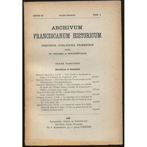 Archivum Franciscanum Historicum, Annus 62, October-December, Fasc. 4