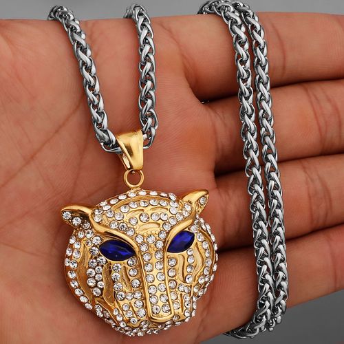 Bague En Acier Inoxydable Blue Eye Panther Pour Hommes, Diamant Doré, Collier Pendentif, Mode Hip Hop Street Boys, Bijoux Rap Pour Hommes, Vente En Gros