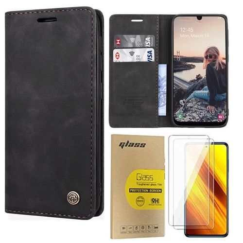 Coque Xiaomi Redmi Note 10s Avec 2 Pièces Verre Trempé Protection D'écran,Portefeuill Etui En Cuir Pu Premium Housse Pour Xiaomi Redmi Note 10s,Antichoc Housse,Noir